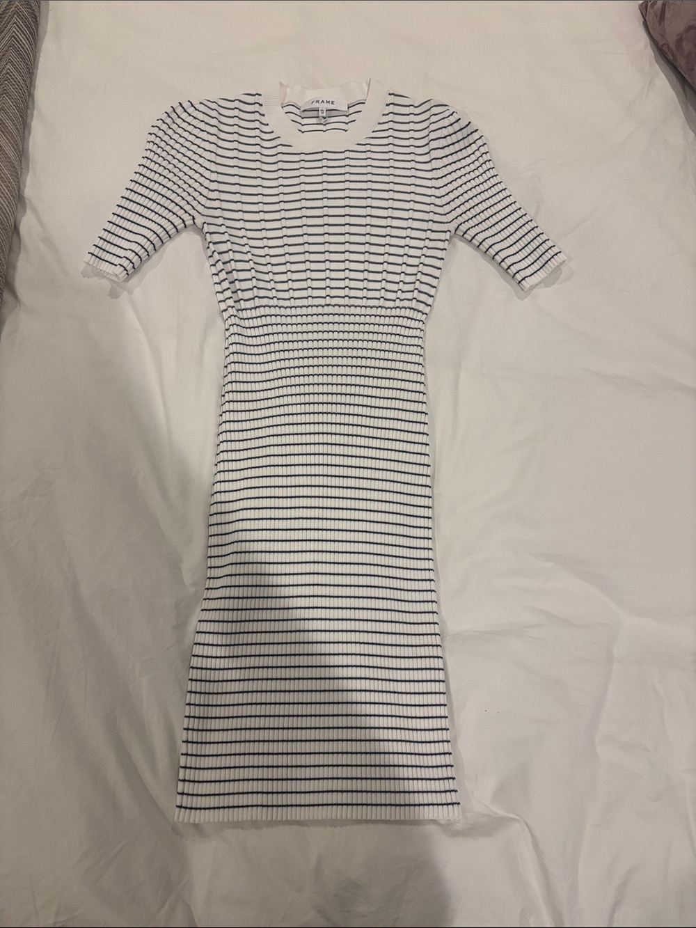Frame Denim White and Navy Striped Knit Midi Dress